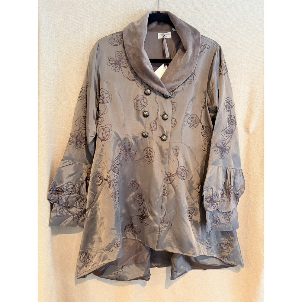 Age of Love Nataya Velvet Trim Jacket XL Long Greige Lagenlook  Jacket NWT